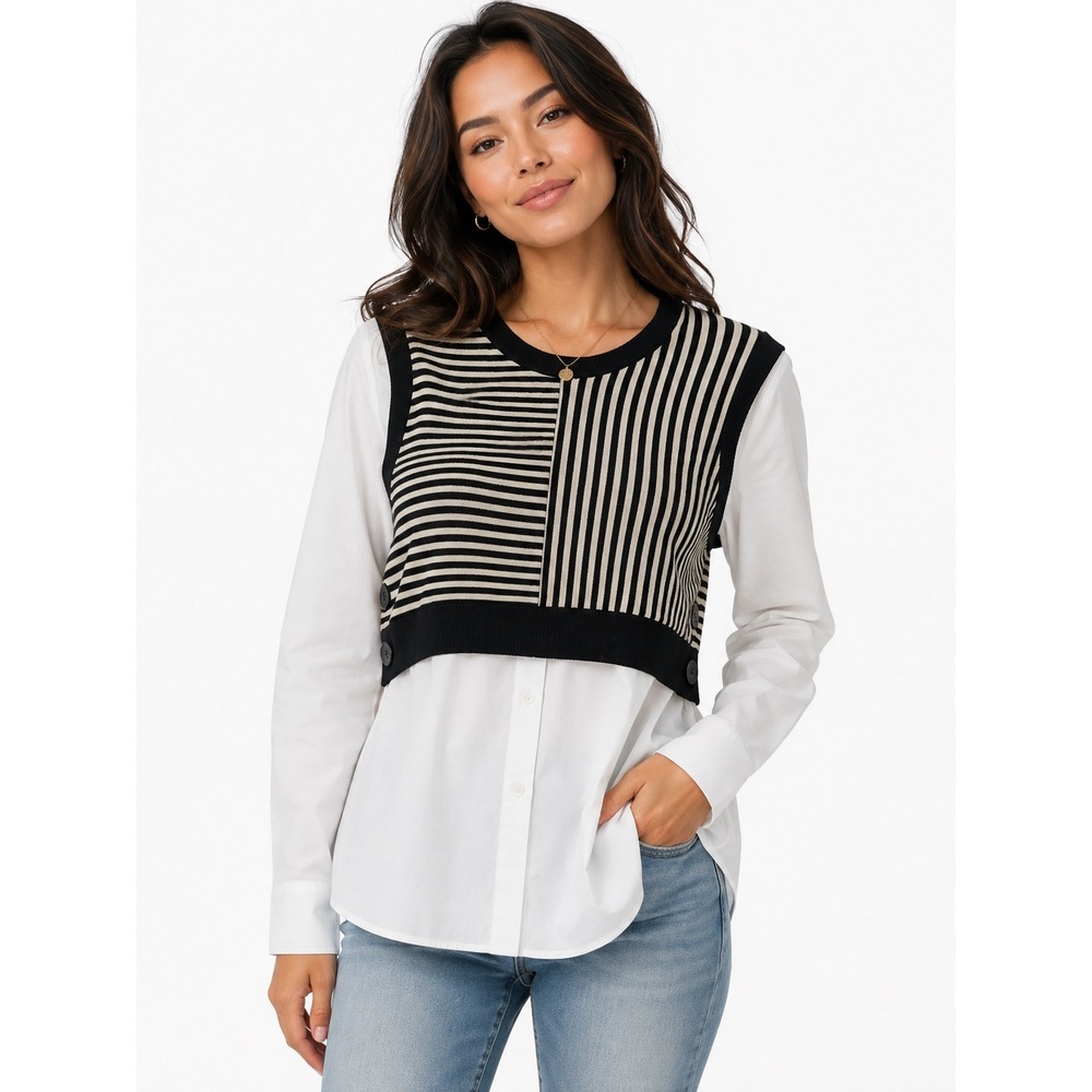 Maeve Anthropologie Mixed Media Sweater Vest Shirt Top Black Gold Striped S